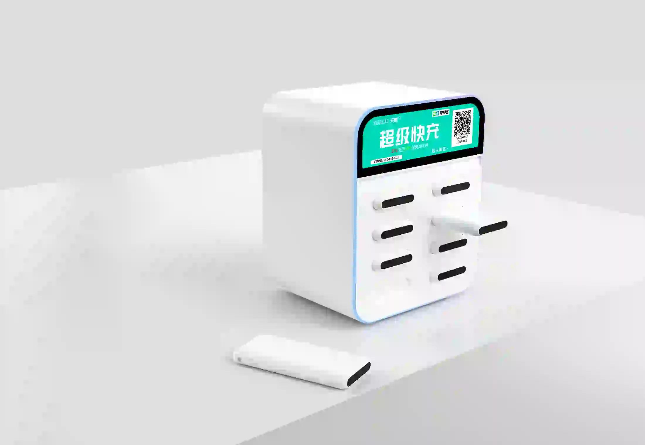 Tianju IoT White 8-slot shared power bank charging station — three-quarter hero view with power bank — OEM counter rental cabinet