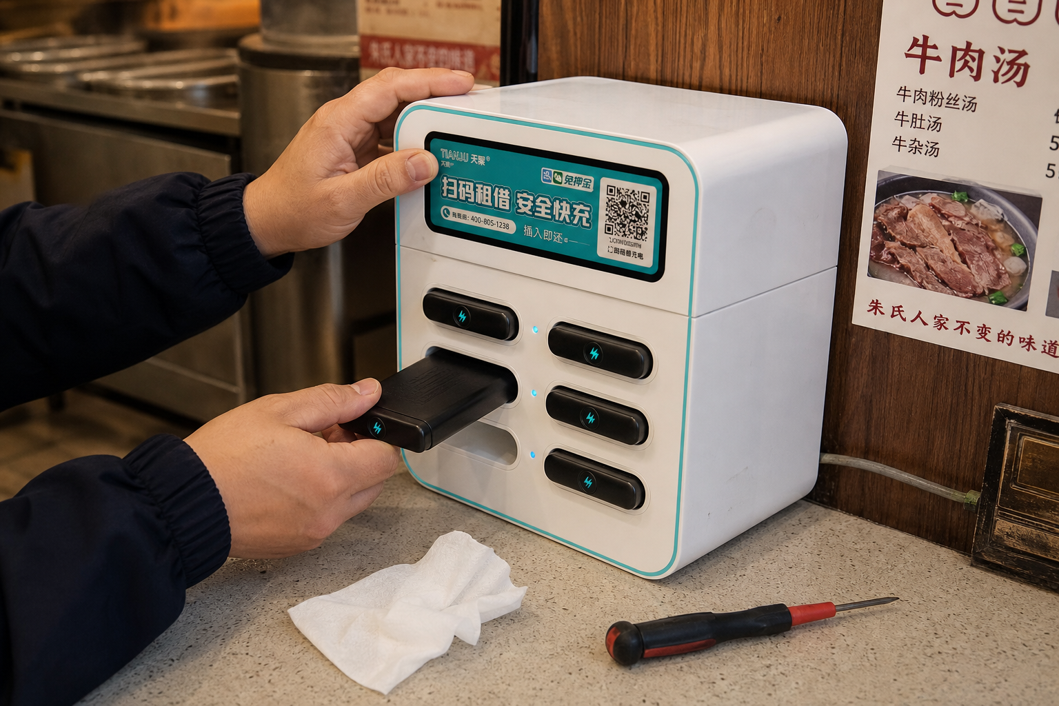 Field technician inspecting shared power bank charging cabinet slots