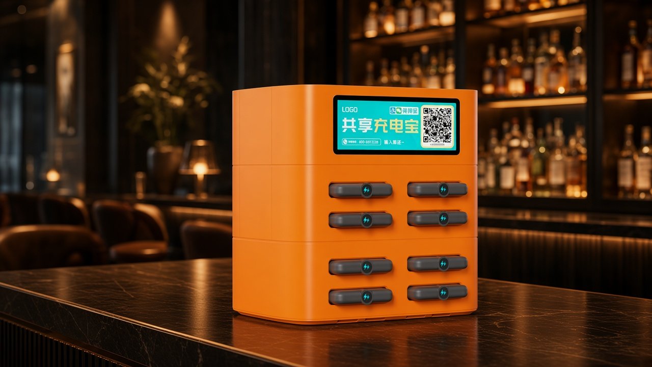 Bar lounge with Tianju 8-slot orange shared power bank cabinet