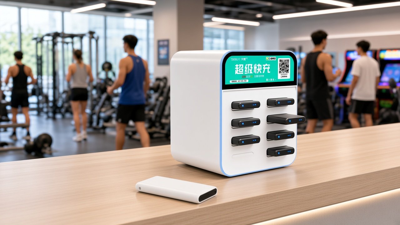 Gym / game hall with Tianju 8-slot white shared power bank station