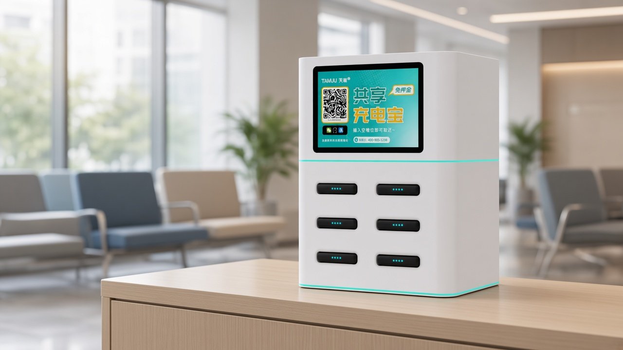 Hospital waiting area with Tianju 6-slot white shared power bank cabinet
