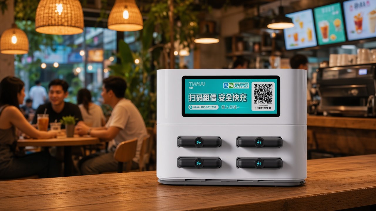 Restaurant / drink shop counter with Tianju 4-slot white shared power bank cabinet